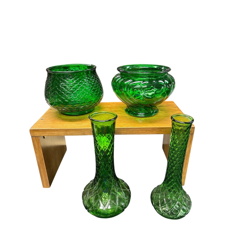 Vintage Emerald Green‎ Glass Set 4pc Bud Vases Swirl Footed Bowl Scalloped